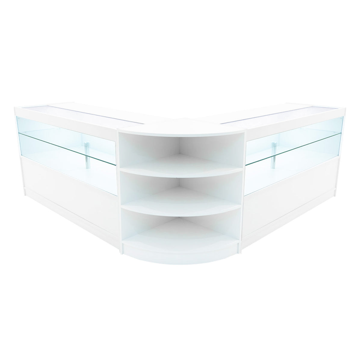 Elegantes Andromeda LED Verkaufstheken-Set in Weiß, mit gläsernen Einlegeböden und runder, offener Ablage für eine moderne Präsentation