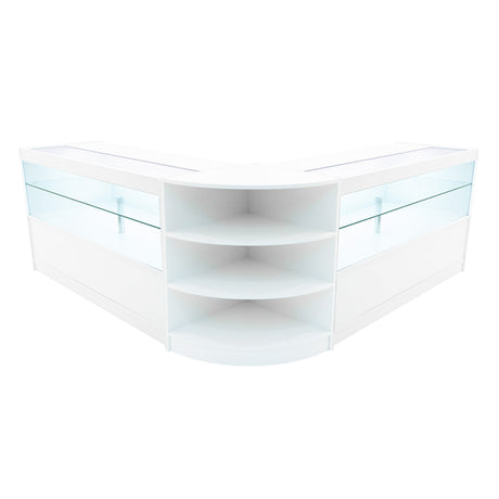 Elegantes Andromeda LED Verkaufstheken-Set in Weiß, mit gläsernen Einlegeböden und runder, offener Ablage für eine moderne Präsentation
