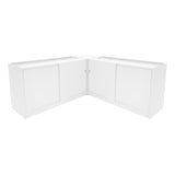 Eckverkaufstheken-Set in elegantem Weiß, bestehend aus zwei Einheiten mit glatten Oberflächen und Schiebetüren für optimalen Stauraum und Präsentation