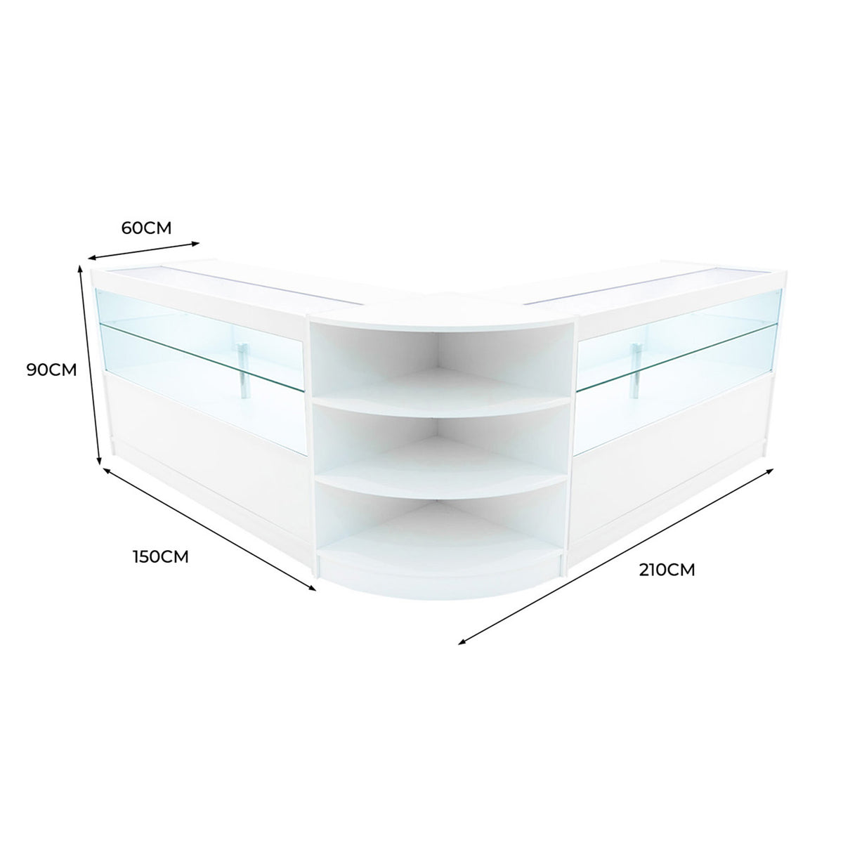 Elegantes Andromeda LED Verkaufstheken-Set in Weiß, mit gläsernen Regalen, abgerundeten Kanten und modernen LED-Leuchten, ideal für Verkaufsräume