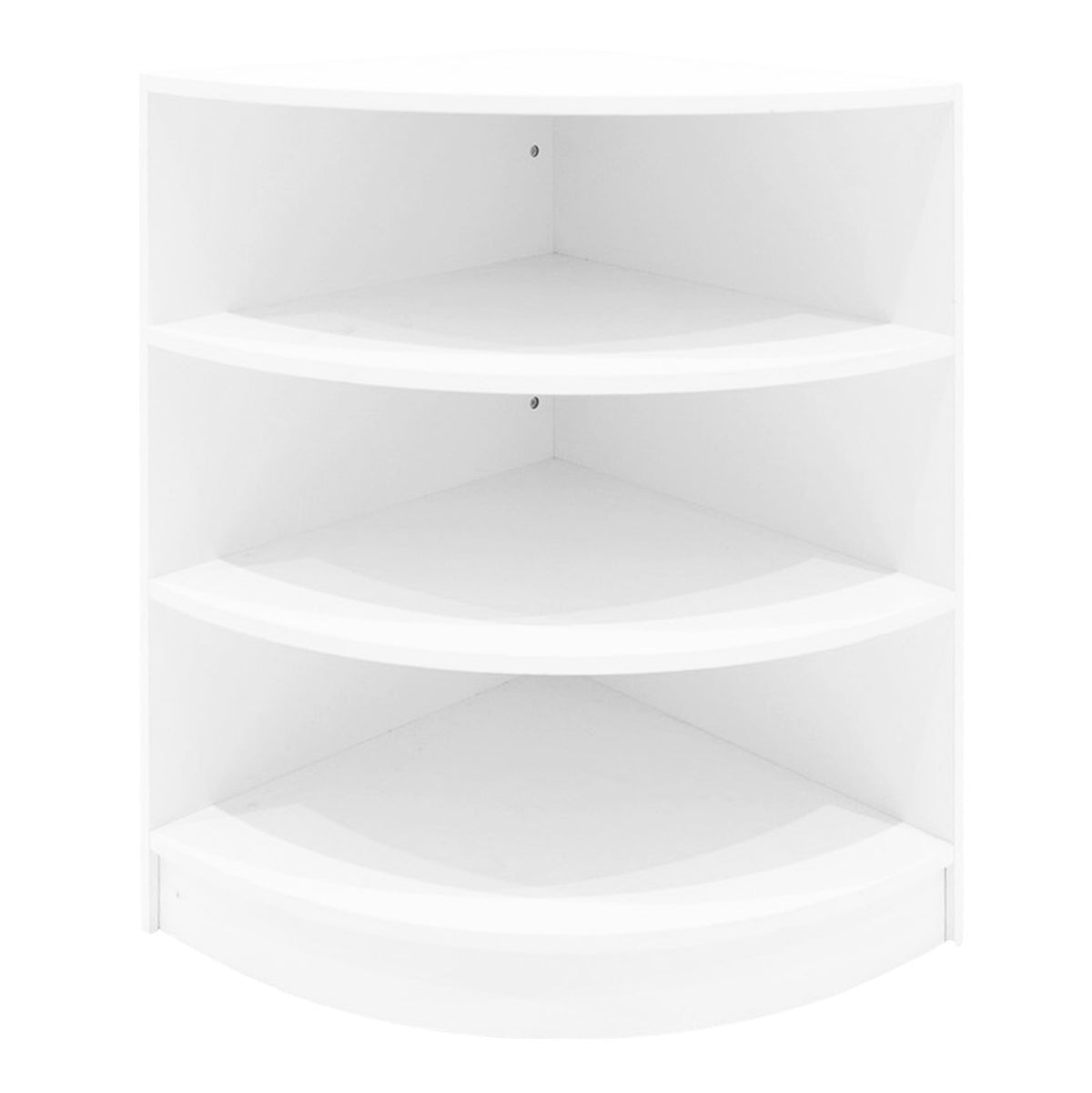 Eckige, weiße LED-Verkaufstheke mit vier Regalen, glatte Oberflächen und modernes Design, ideal für Verkaufsräume und Ausstellungen