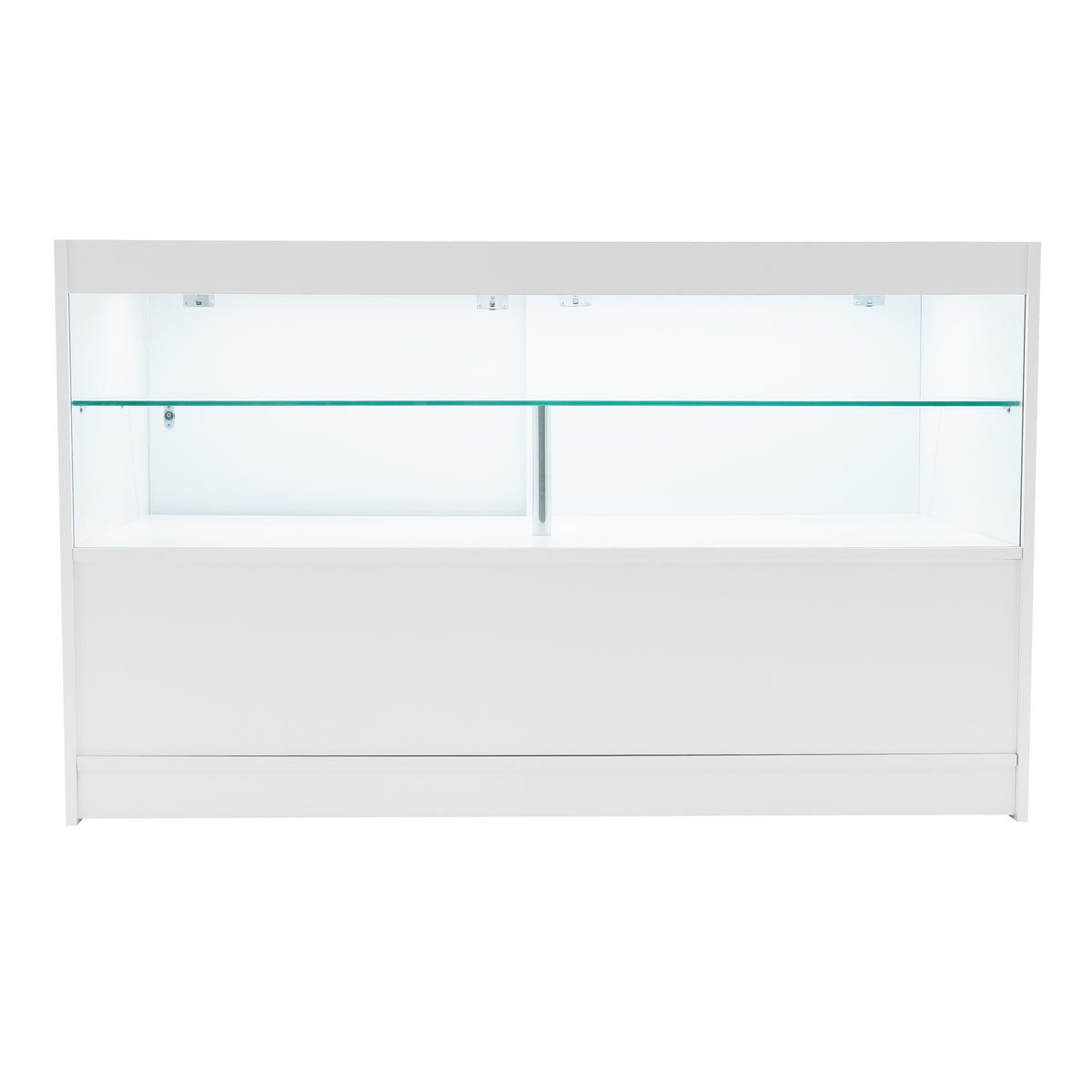 Weißes Andromeda LED Verkaufstheken-Set mit zwei Regalen, glatten Oberflächen, integrierter Beleuchtung und klaren Glasablagen für optimale Präsentation