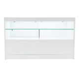 Weißes Andromeda LED Verkaufstheken-Set mit zwei Regalen, glatten Oberflächen, integrierter Beleuchtung und klaren Glasablagen für optimale Präsentation