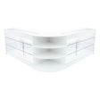 Elegantes Verkaufstheken-Set in Weiß mit klaren Glasflächen, abgerundeten Kanten und offenen Regalen für optimale Präsentation von Produkten