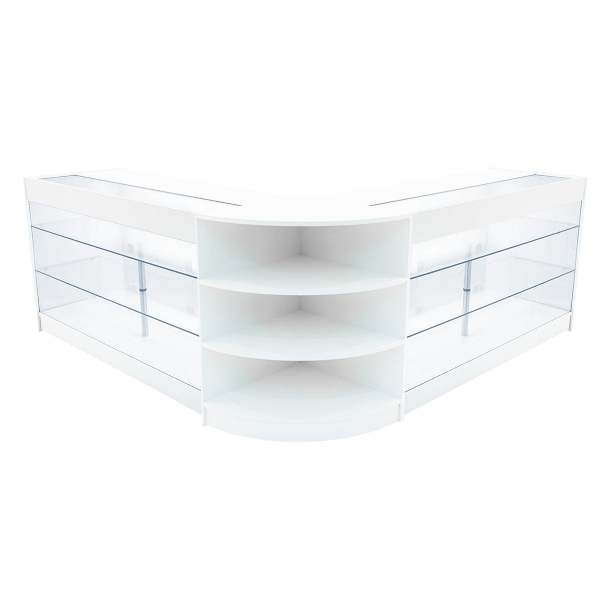 Elegantes Verkaufstheken-Set in Weiß mit klaren Glasflächen, abgerundeten Kanten und offenen Regalen für optimale Präsentation von Produkten