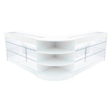 Elegantes Verkaufstheken-Set in Weiß mit klaren Glasflächen, abgerundeten Kanten und offenen Regalen für optimale Präsentation von Produkten
