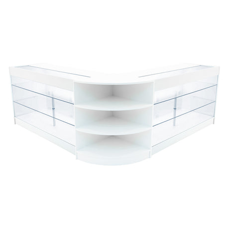 Elegantes Verkaufstheken-Set in Weiß mit klaren Glasflächen, abgerundeten Kanten und offenen Regalen für optimale Präsentation von Produkten