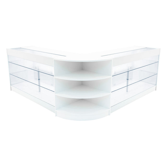 Elegantes Verkaufstheken-Set in Weiß mit klaren Glasflächen, abgerundeten Kanten und offenen Regalen für optimale Präsentation von Produkten