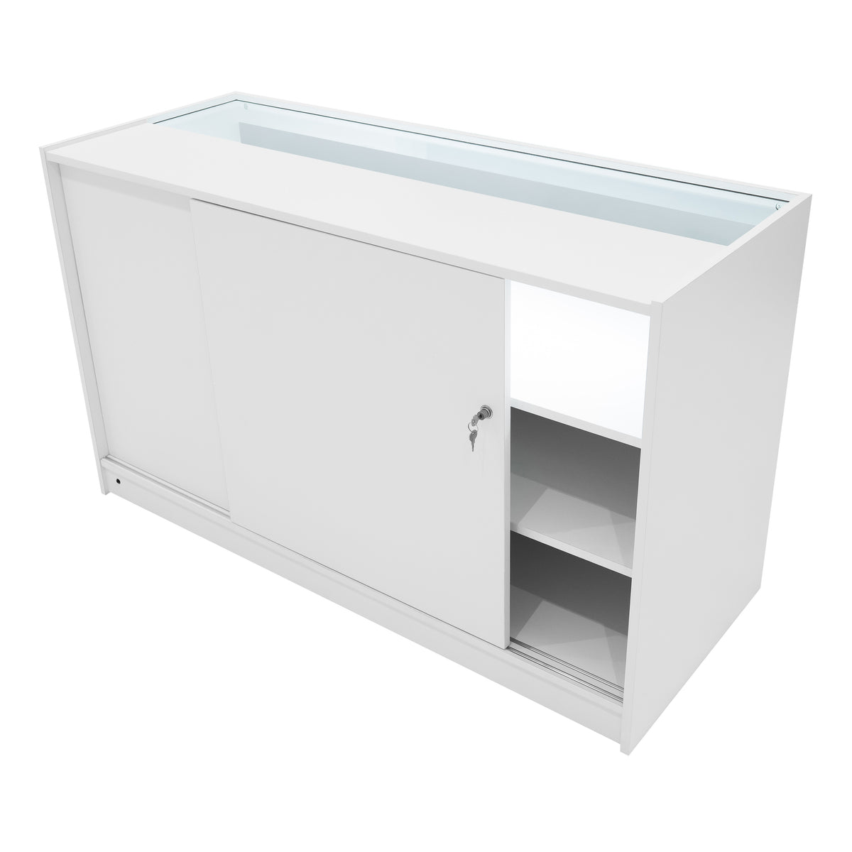 Weißes Verkaufstheken-Set aus hochwertigem Material mit glatter Oberfläche, Schiebetüren und einem offenen Regal für optimale Präsentation und Stauraum