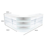 Elegantes Verkaufstheken-Set in Weiß mit transparenten Glasregalen, abgerundeten Kanten und großzügigem Stauraum, ideal für den Einzelhandel