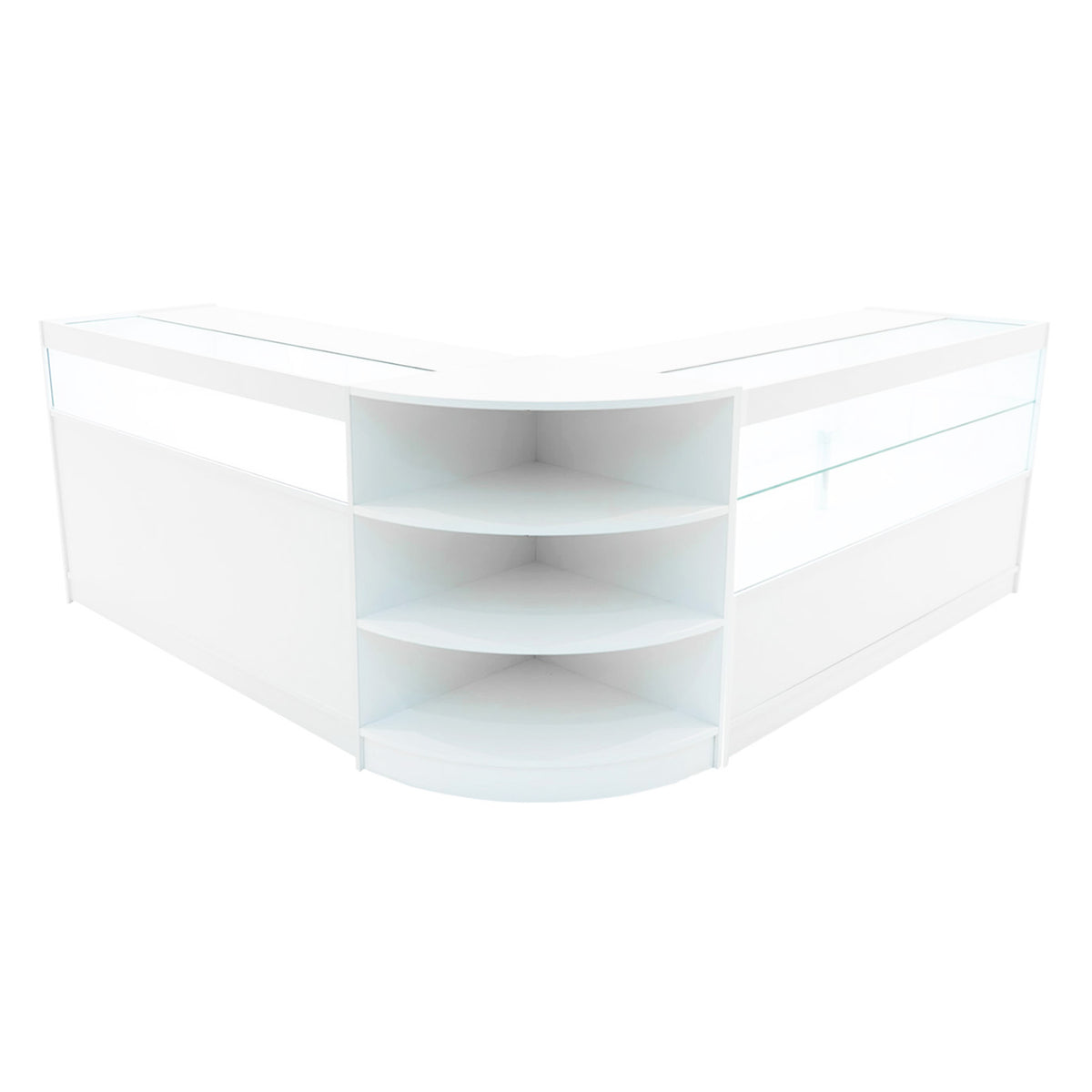 Elegantes, weißes Verkaufstheken-Set mit abgerundeten Kanten, transparenten Glasflächen und offenen Regalen für optimalen Produktdisplay und Zugang