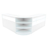 Elegantes, weißes Verkaufstheken-Set mit abgerundeten Kanten, transparenten Glasflächen und offenen Regalen für optimalen Produktdisplay und Zugang