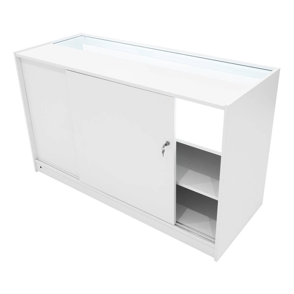 Harmonia LED Verkaufstheken-Set in Weiß mit glatter Oberfläche, Schiebetür, Glasplatte und offenen Regalen für optimale Präsentation und Stauraum
