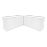 Harmonia LED Verkaufstheken-Set in Weiß, bestehend aus zwei eleganten, abgerundeten Theken mit glatten Oberflächen und modernen Schiebetüren
