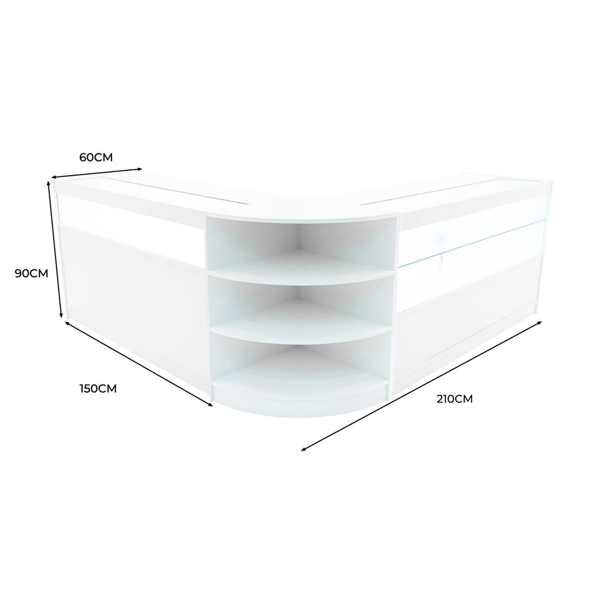 Harmonia LED Verkaufstheken-Set in Weiß, mit abgerundeten Kanten, mehreren Regalen und LED-Beleuchtung, ideal für Verkaufsräume und Ausstellungen