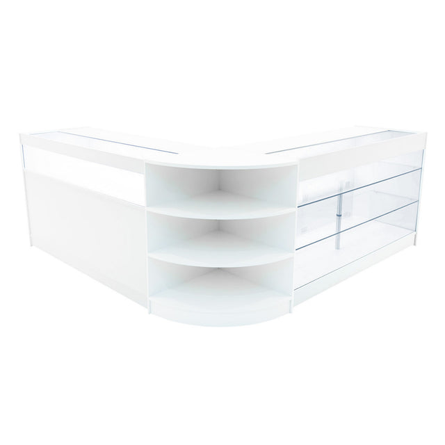 Elegantes Verkaufstheken-Set in Weiß mit klaren Glasregalen, abgerundeten Kanten und modernem Design, ideal für den Einzelhandel und Ausstellungen