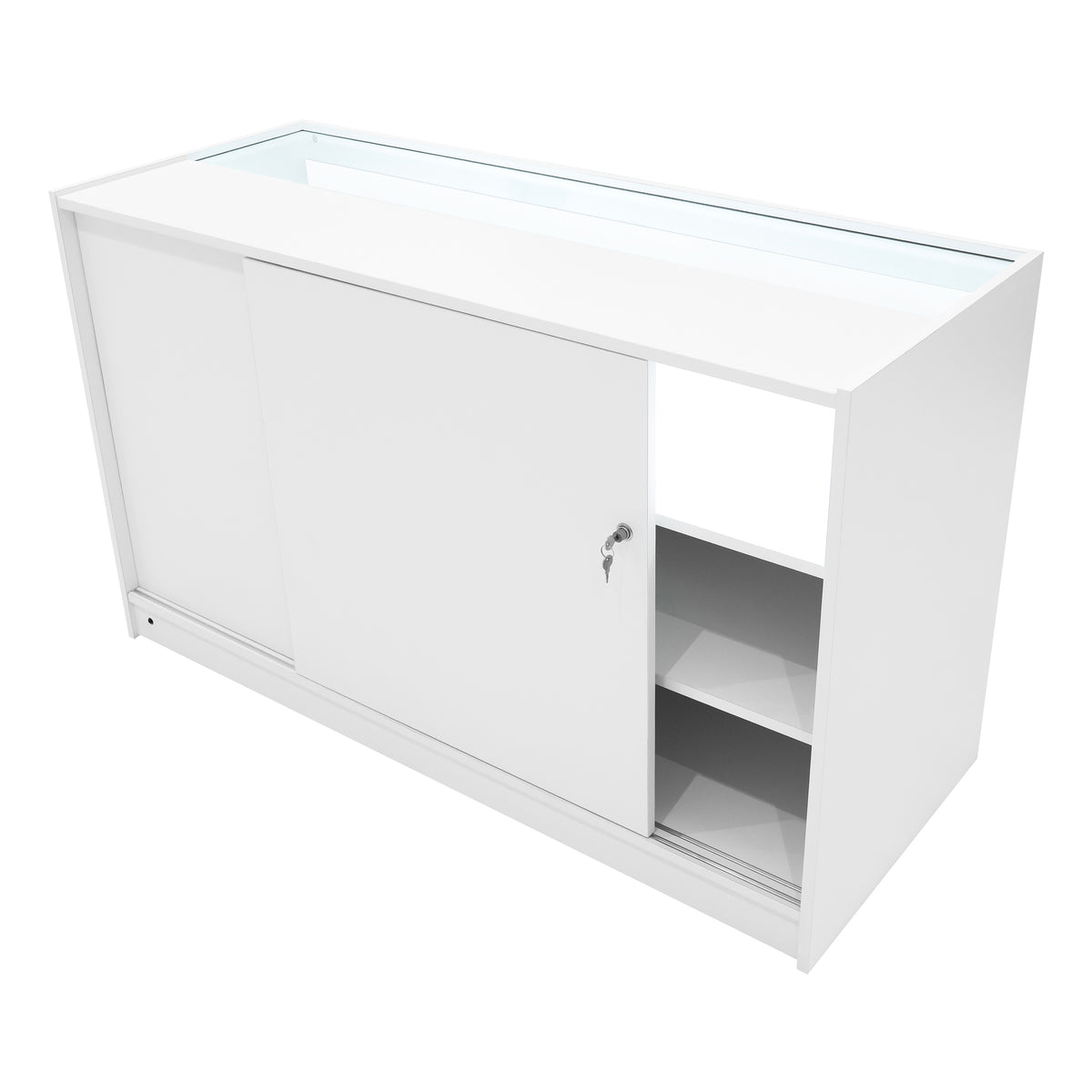 Weißes LED Verkaufstheken-Set mit gläserner Oberseite, Schiebetür und offenen Regalen, ideal für Verkaufsräume und Ausstellungen