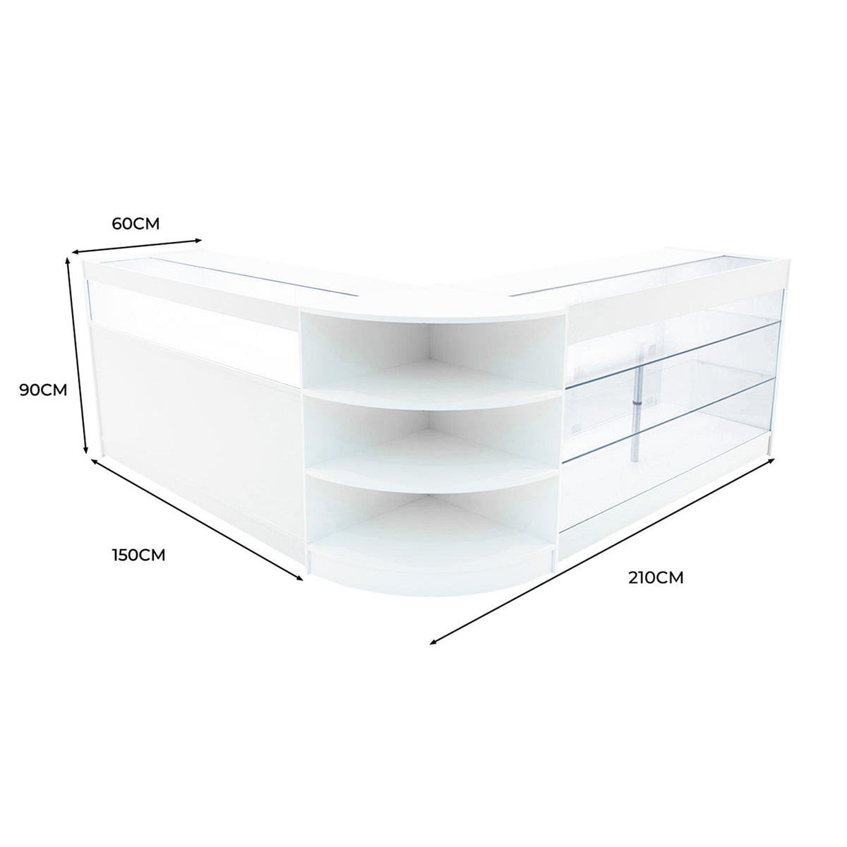 Elegantes LED Verkaufstheken-Set in Weiß mit klaren Glasregalen, abgerundeten Ecken und großzügigem Stauraum, ideal für Verkaufsräume und Ausstellungen