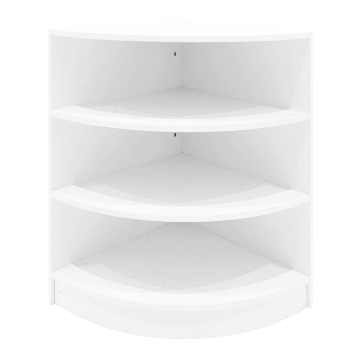 Weißes LED Verkaufstheken-Set mit runden Kanten, vier offenen Regalen und glatter Oberfläche, ideal für moderne Verkaufsräume und Ausstellungen