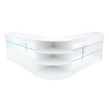 Elegantes, weißes Verkaufstheken-Set mit gläsernen Regalen und abgerundeten Kanten, ideal für moderne Einzelhandelsumgebungen