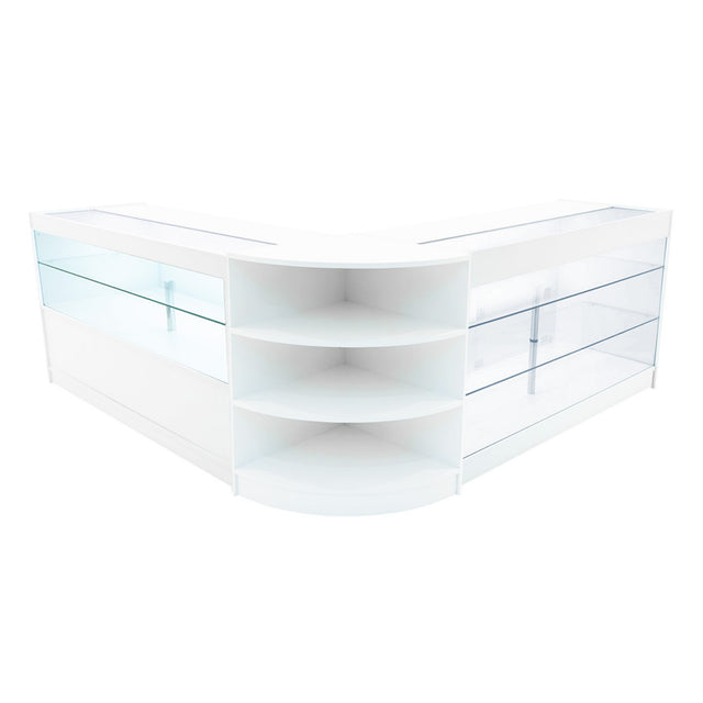 Elegantes, weißes Verkaufstheken-Set mit gläsernen Regalen und abgerundeten Kanten, ideal für moderne Einzelhandelsumgebungen