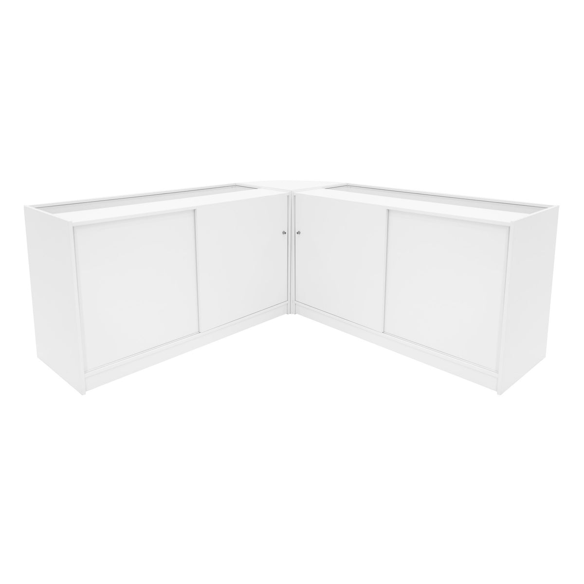 Elegantes, weißes Calliope LED Verkaufstheken-Set mit glatten Oberflächen, zwei Schiebetüren und modernem, minimalistischen Design für Verkaufsräume