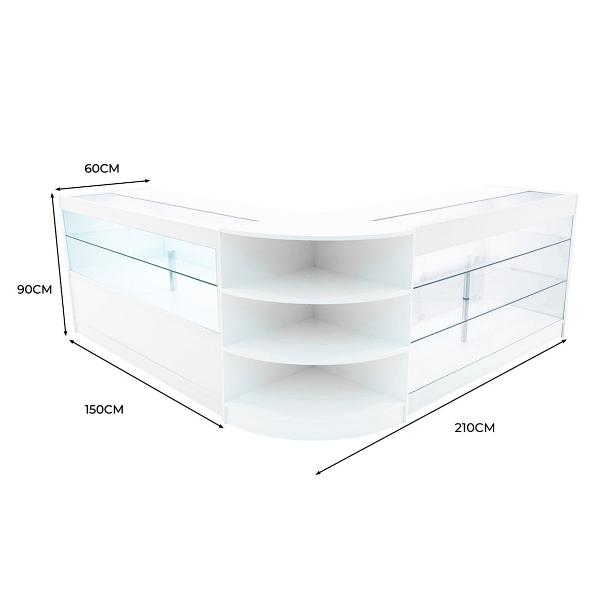 Elegantes Verkaufstheken-Set in Weiß mit klaren Glasflächen, abgerundeten Kanten und großzügigem Stauraum, ideal für den Einzelhandel