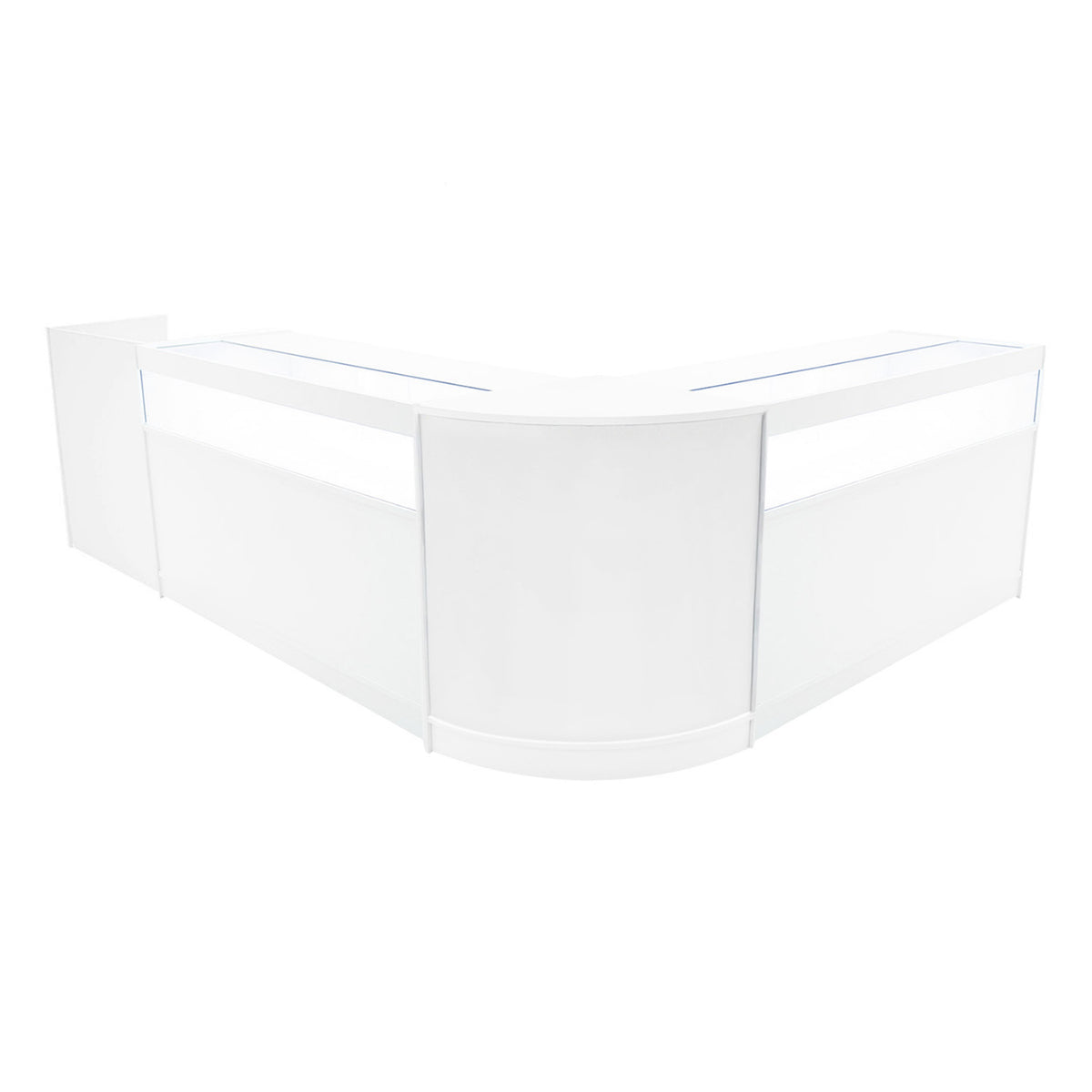Elegantes, weißes Luna LED Verkaufstheken-Set mit zwei Modulen und abgerundeten Kanten, ideal für moderne Verkaufsräume und Ausstellungen