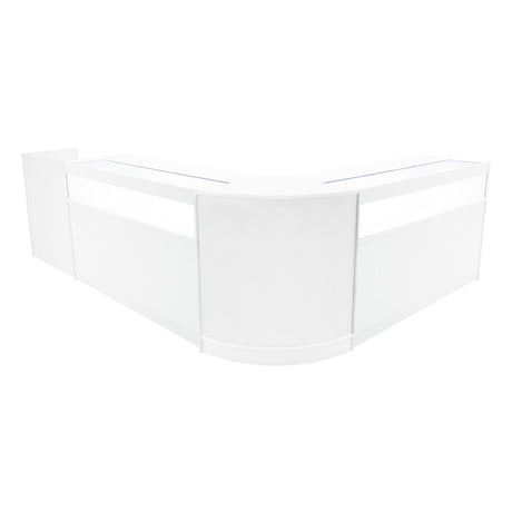 Elegantes, weißes Luna LED Verkaufstheken-Set mit zwei Modulen und abgerundeten Kanten, ideal für moderne Verkaufsräume und Ausstellungen