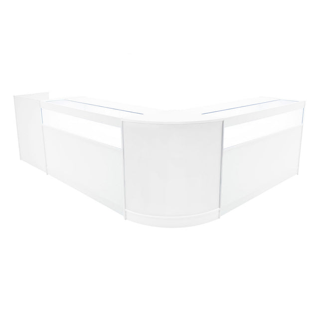 Elegantes, weißes Luna LED Verkaufstheken-Set mit zwei Modulen und abgerundeten Kanten, ideal für moderne Verkaufsräume und Ausstellungen