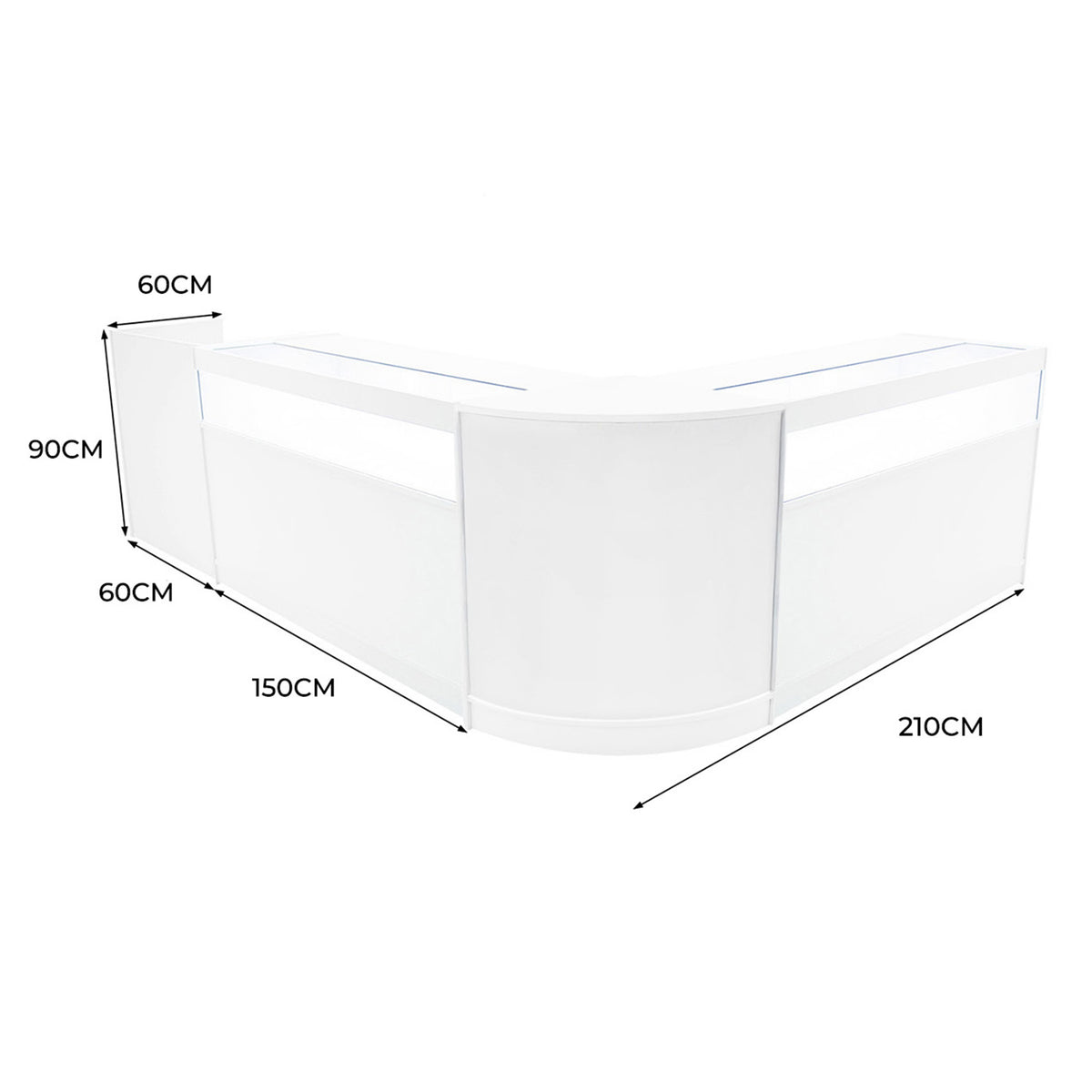 Elegantes, weißes Luna LED Verkaufstheken-Set mit abgerundeten Kanten, ideal für Verkaufsräume, Maße 60x150 cm und 90 cm hoch