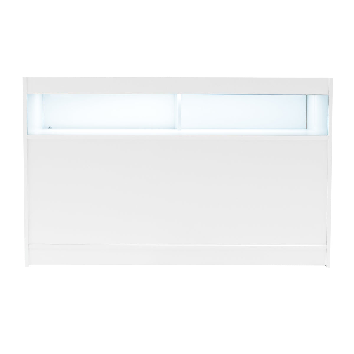 Weißes Verkaufstheken-Set mit LED-Beleuchtung, modernem Design und glatter Oberfläche, ideal für Verkaufsräume und Ausstellungen