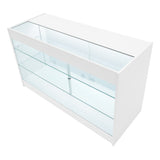 Weißes LED-Verkaufstheken-Set mit gläsernen Regalen, modernem Design und klaren Linien, ideal für die Präsentation von Produkten in Geschäften