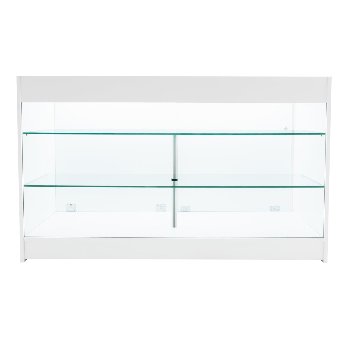 Weißes LED Verkaufstheken-Set mit zwei gläsernen Regalen, elegant und modern, ideal für die Präsentation von Produkten in Geschäften