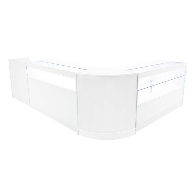 Elegantes, weißes Verkaufstheken-Set mit glatten Oberflächen, integrierter Beleuchtung und abgerundeten Kanten, ideal für moderne Verkaufsräume