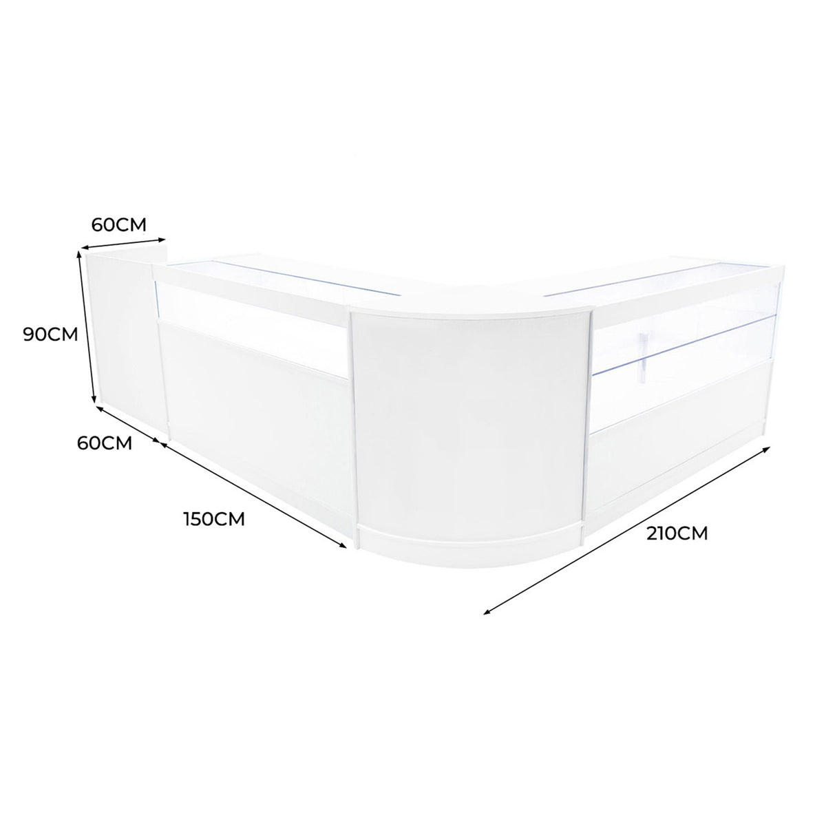 Elegantes, weißes Verkaufstheken-Set mit glatten Oberflächen, abgerundeten Kanten und transparenten Elementen, ideal für moderne Verkaufsräume