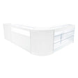 Elegantes Verkaufstheken-Set in Weiß mit klaren Glasflächen, abgerundeten Kanten und modernem Design, ideal für Einzelhandelsumgebungen
