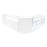 Elegantes Verkaufstheken-Set in Weiß mit klaren Glasflächen, abgerundeten Kanten und modernem Design, ideal für Einzelhandelsumgebungen