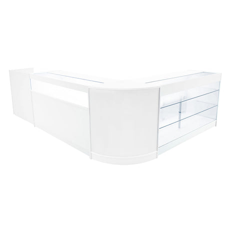Elegantes Verkaufstheken-Set in Weiß mit klaren Glasflächen, abgerundeten Kanten und modernem Design, ideal für Einzelhandelsumgebungen