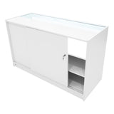 Polaris LED Verkaufstheken-Set in Weiß, mit glatter Oberfläche, Schiebetüren und einem offenen Fach für Produkte und Präsentation