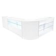 Moderne weiße LED Verkaufstheke mit klaren Glasregalen, eleganter, abgerundeter Form und minimalistischem Design, ideal für Verkaufsräume