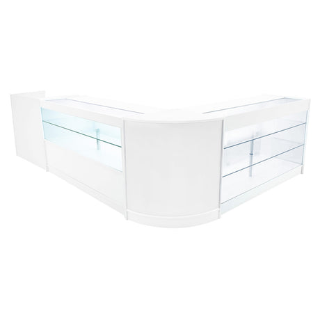 Moderne weiße LED Verkaufstheke mit klaren Glasregalen, eleganter, abgerundeter Form und minimalistischem Design, ideal für Verkaufsräume