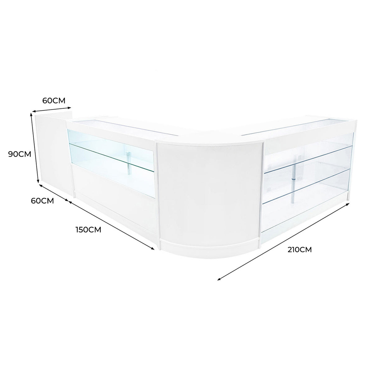 Elegante weiße LED Verkaufstheke mit Glasregalen, abgerundeten Kanten und modernen Maßen von 210 cm x 90 cm x 60 cm, ideal für Verkaufsräume