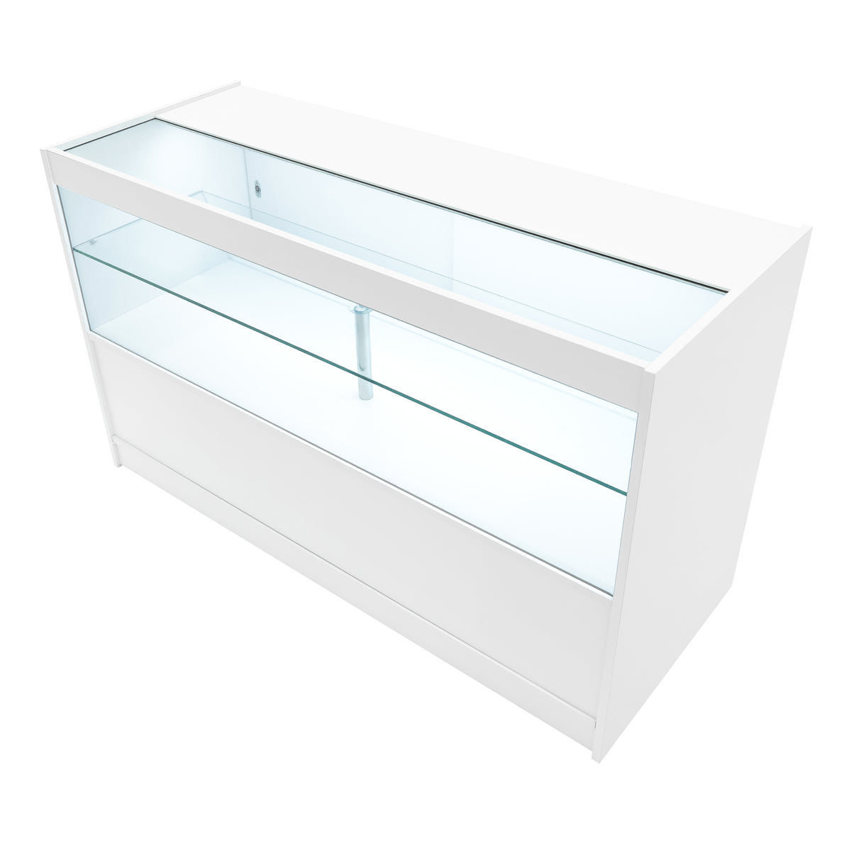 Moderne, weiße LED Verkaufstheke mit klaren Glasregalen, elegantem Design und großzügigem Stauraum, ideal für den Einzelhandel