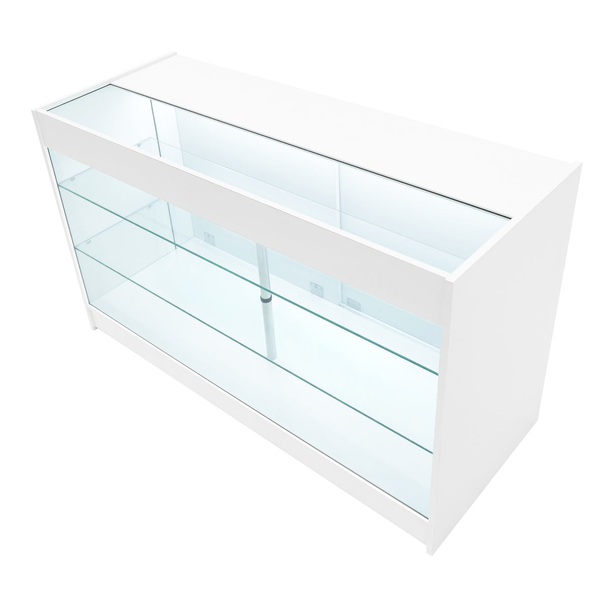Moderne weiße LED Verkaufstheke mit gläsernen Regalen, klaren Linien und minimalistischer Ästhetik, ideal für Verkaufsräume und Ausstellungen