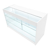 Moderne weiße LED Verkaufstheke mit gläsernen Regalen, klaren Linien und minimalistischer Ästhetik, ideal für Verkaufsräume und Ausstellungen