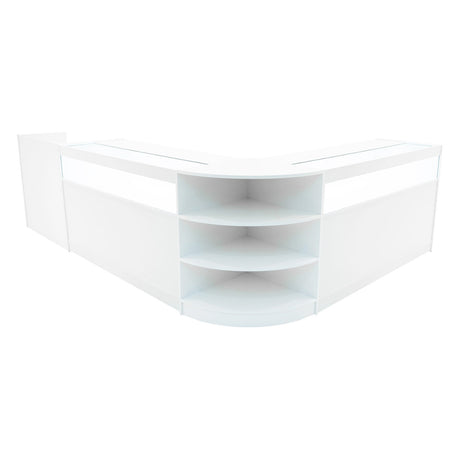 Elegantes, weißes LED-Verkaufstheken-Set mit geschwungener Form, mehreren Regalen und glatter Oberfläche, ideal für moderne Verkaufsräume