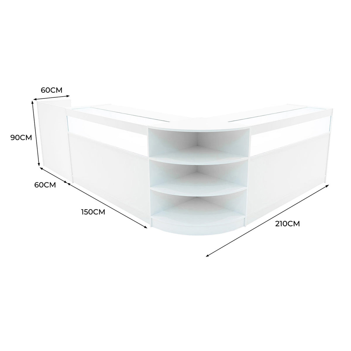 Elegantes, weißes LED-Verkaufstheken-Set mit abgerundeten Kanten, drei offenen Regalen und klaren Linien, ideal für moderne Verkaufsräume