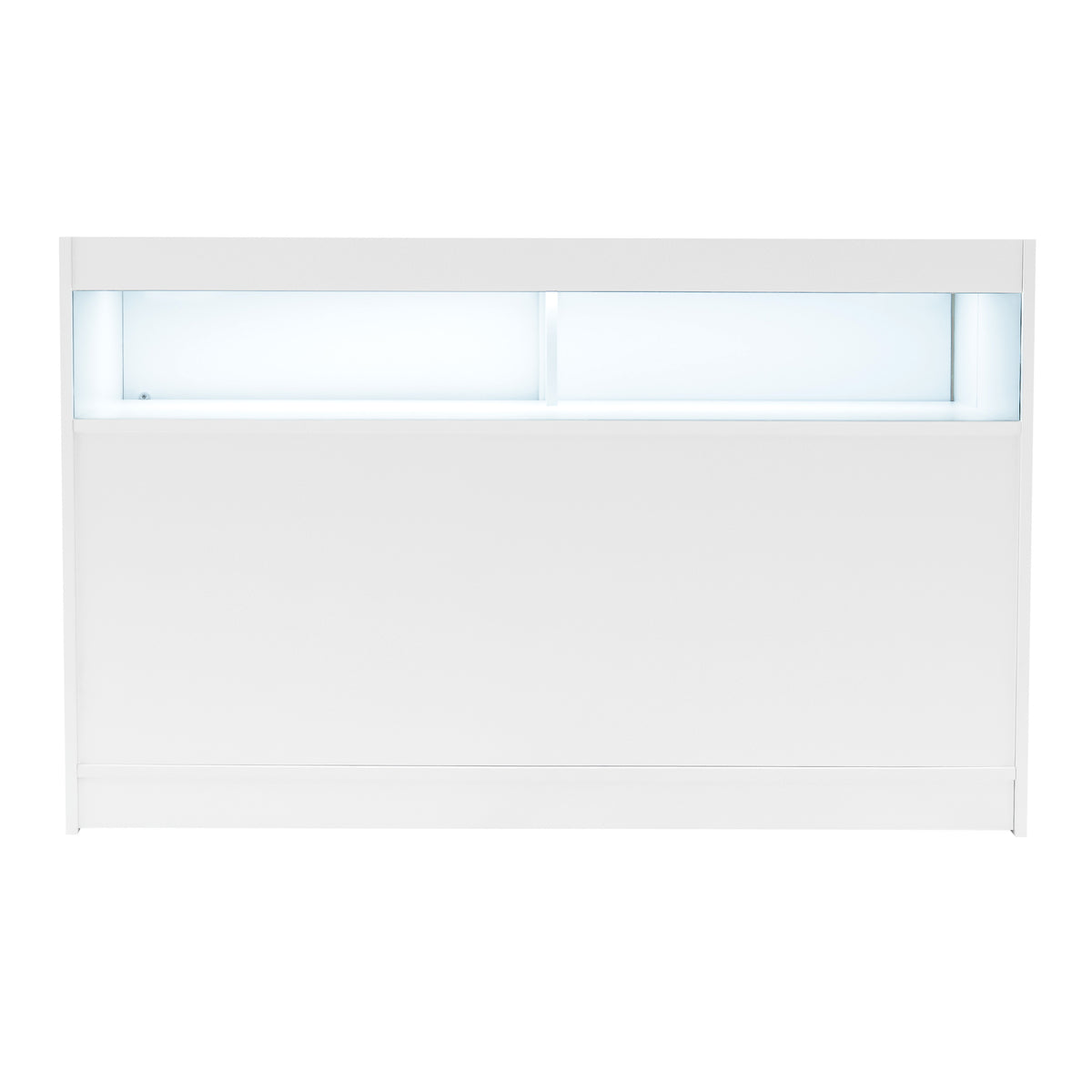 Elegantes, weißes LED-Verkaufstheken-Set mit zwei Einheiten, glatte Oberfläche, integrierte Beleuchtung für ansprechende Produktpräsentation