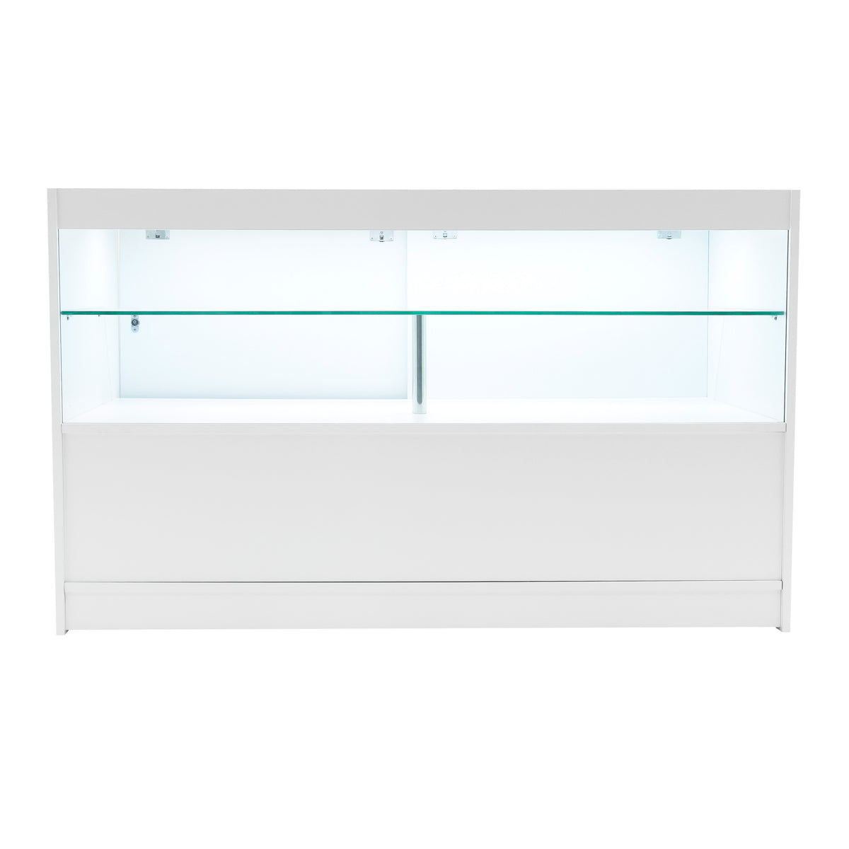 Weißes Verkaufstheken-Set mit LED-Beleuchtung, zwei Glasregalen und glatter Oberfläche, ideal für moderne Verkaufsräume und Ausstellungen